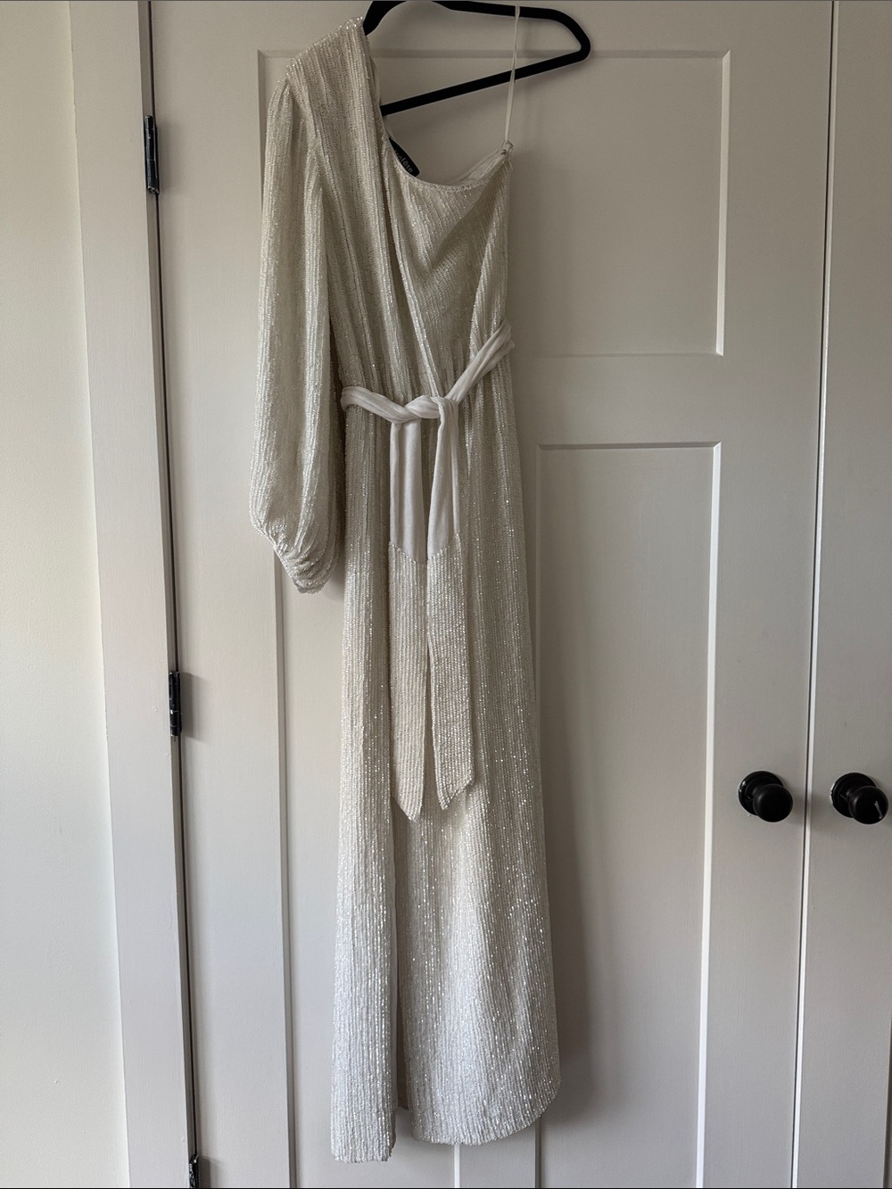 NWT Retrofete Joyce Ivory One-Shoulder Sequin Gown with Sash size Small